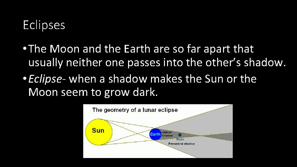 Eclipses • The Moon and the Earth are so far apart that usually neither