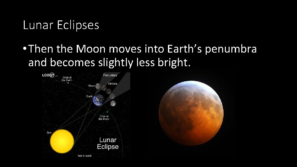 Lunar Eclipses • Then the Moon moves into Earth’s penumbra and becomes slightly less