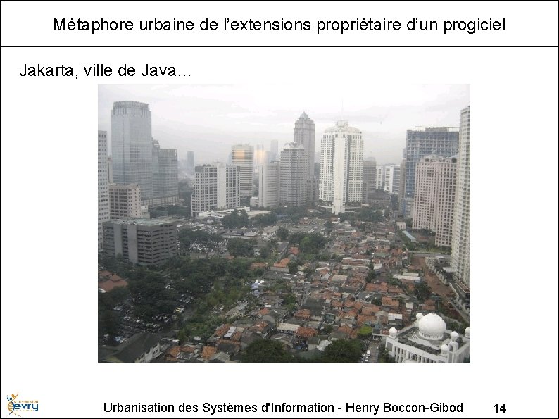 Métaphore urbaine de l’extensions propriétaire d’un progiciel Jakarta, ville de Java… Urbanisation des Systèmes