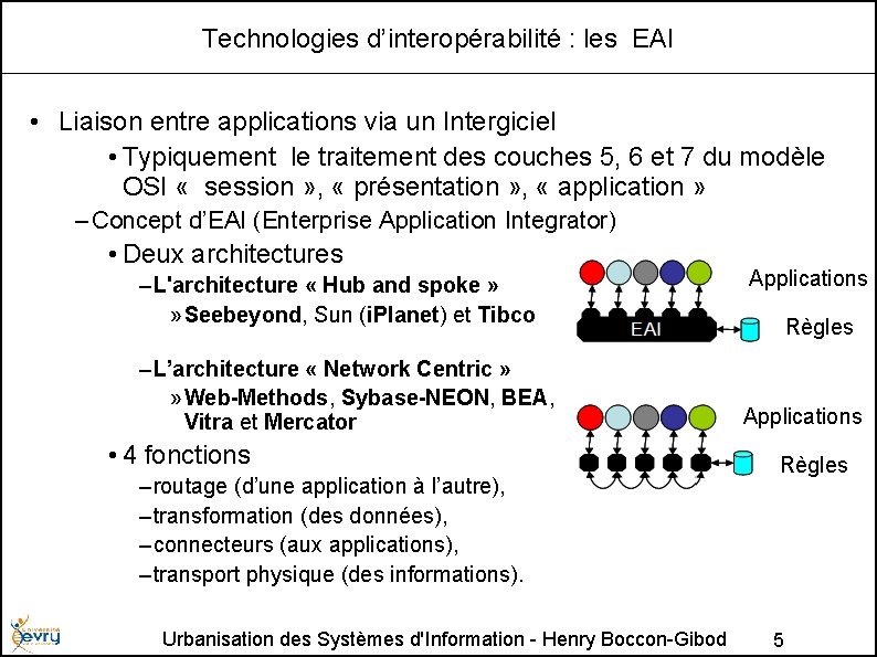 Technologies d’interopérabilité : les EAI • Liaison entre applications via un Intergiciel • Typiquement