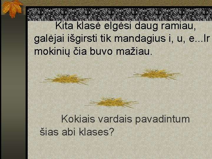 Kita klasė elgėsi daug ramiau, galėjai išgirsti tik mandagius i, u, e. . .