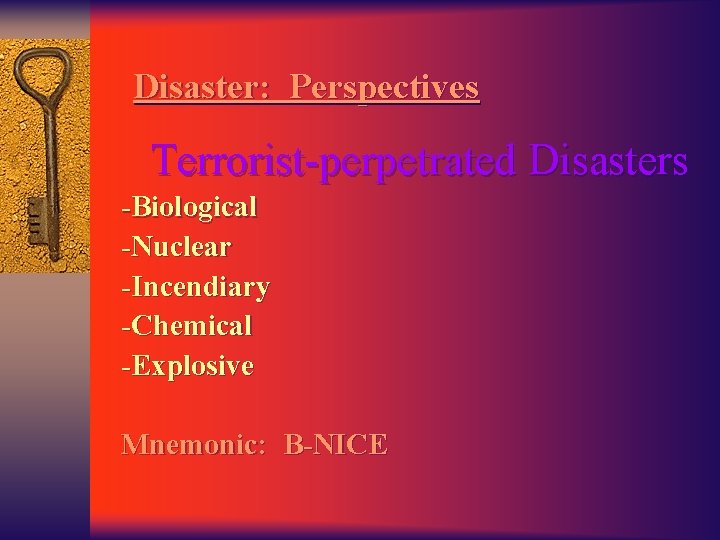 Disaster: Perspectives Terrorist-perpetrated Disasters -Biological -Nuclear -Incendiary -Chemical -Explosive Mnemonic: B-NICE 