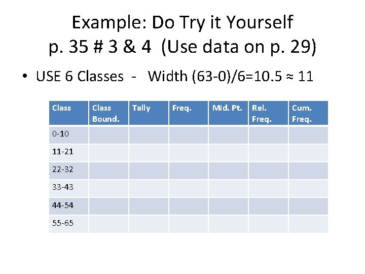 Example: Do Try it Yourself p. 35 # 3 & 4 (Use data on