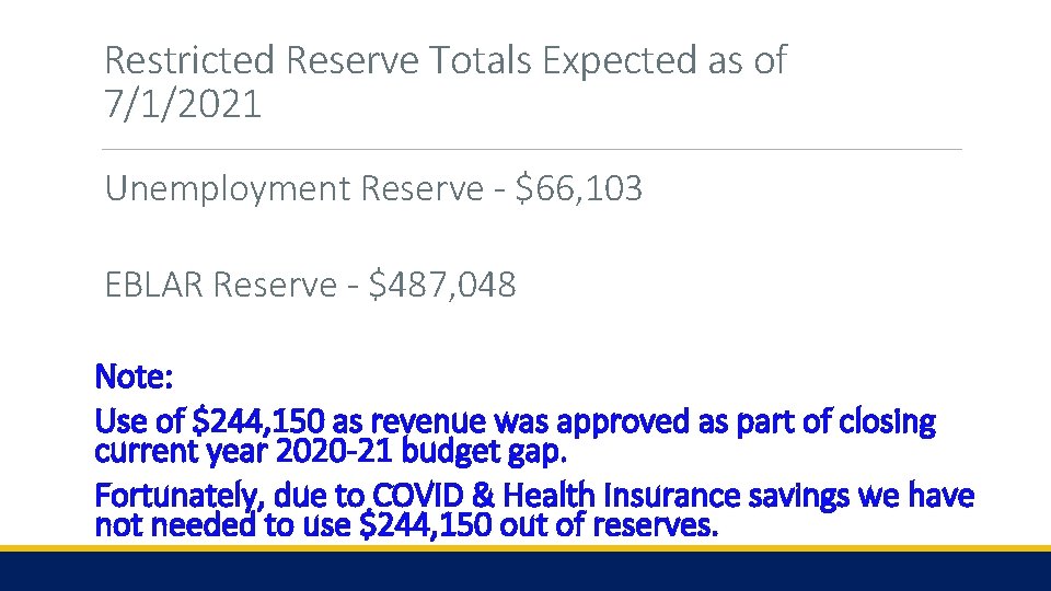 Restricted Reserve Totals Expected as of 7/1/2021 Unemployment Reserve - $66, 103 EBLAR Reserve