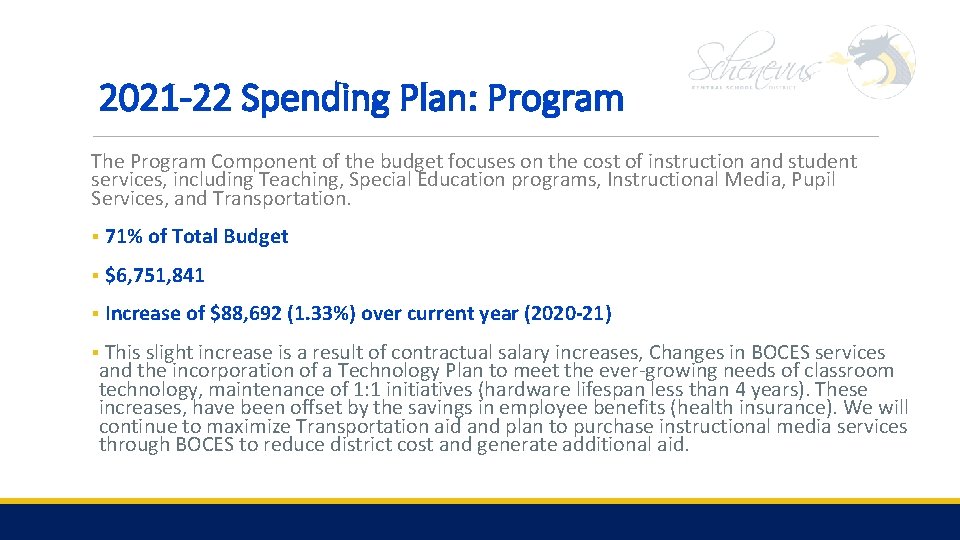 2021 -22 Spending Plan: Program The Program Component of the budget focuses on the