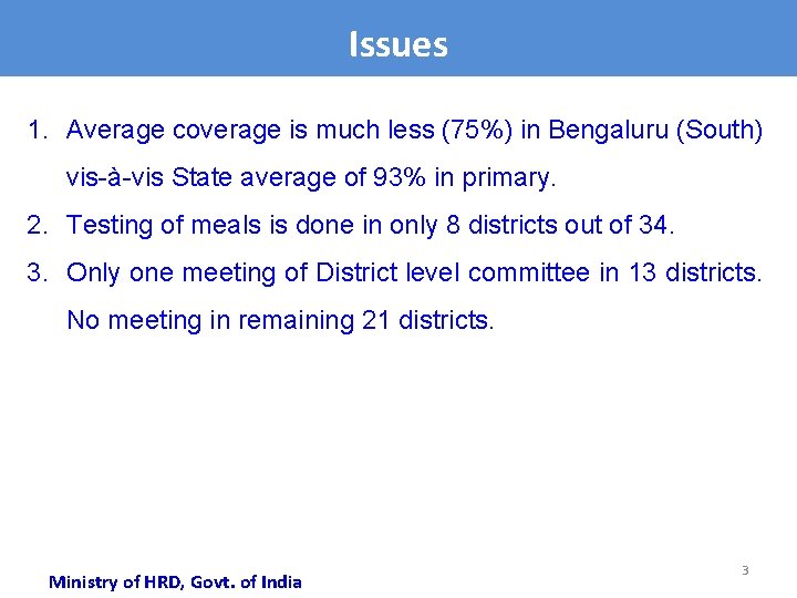 Issues 1. Average coverage is much less (75%) in Bengaluru (South) vis-à-vis State average