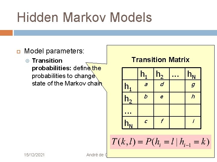 Hidden Markov Models Model parameters: Transition probabilities: define the probabilities to change state of