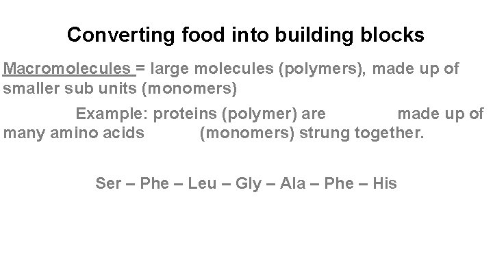 Converting food into building blocks Macromolecules = large molecules (polymers), made up of smaller
