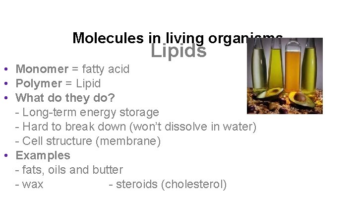 Molecules in living organisms Lipids • Monomer = fatty acid • Polymer = Lipid