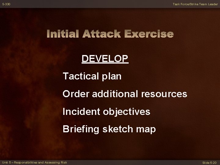 S-330 Task Force/Strike Team Leader DEVELOP Tactical plan Order additional resources Incident objectives Briefing