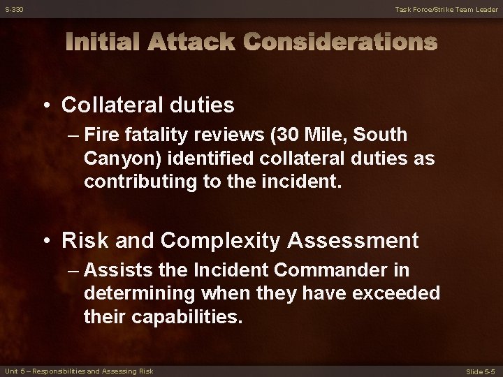 S-330 Task Force/Strike Team Leader • Collateral duties – Fire fatality reviews (30 Mile,
