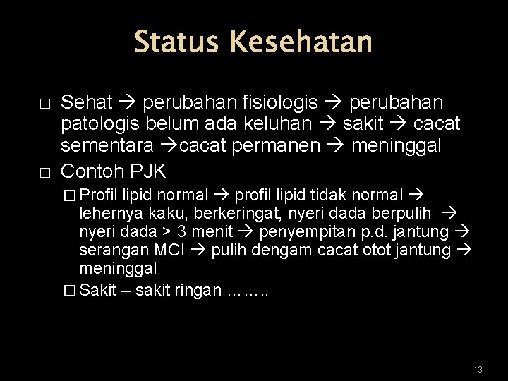 Status Kesehatan � � Sehat perubahan fisiologis perubahan patologis belum ada keluhan sakit cacat