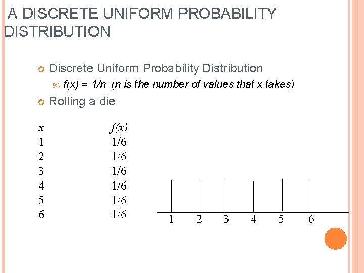 A DISCRETE UNIFORM PROBABILITY DISTRIBUTION Discrete Uniform Probability Distribution x 1 2 3 4 A DISCRETE UNIFORM PROBABILITY DISTRIBUTION Discrete Uniform Probability Distribution x 1 2 3 4