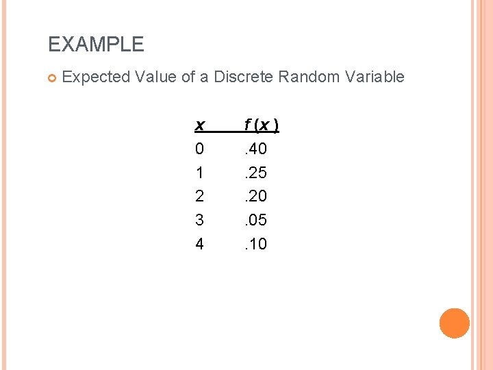 EXAMPLE Expected Value of a Discrete Random Variable x 0 1 2 3 4 EXAMPLE Expected Value of a Discrete Random Variable x 0 1 2 3 4