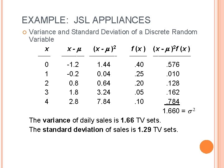 EXAMPLE: JSL APPLIANCES Variance and Standard Deviation of a Discrete Random Variable x x-