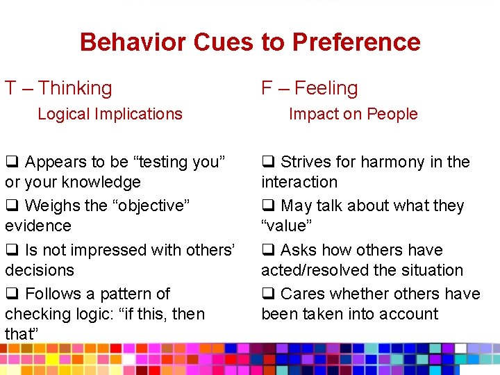 Behavior Cues to Preference T – Thinking Logical Implications q Appears to be “testing