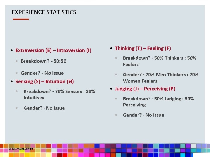 EXPERIENCE STATISTICS • Extraversion (E) – Introversion (I) • Breakdown? - 50: 50 •