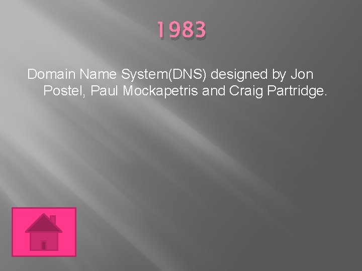 1983 Domain Name System(DNS) designed by Jon Postel, Paul Mockapetris and Craig Partridge. 