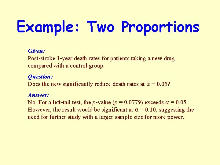 Example: Two Proportions Given: Post-stroke 1 -year death rates for patients taking a new