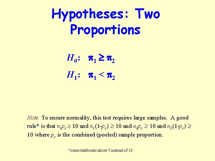 Hypotheses: Two Proportions H 0: p 1 p 2 H 1: p 1 <