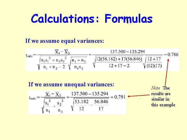 Calculations: Formulas If we assume equal variances: If we assume unequal variances: Note The