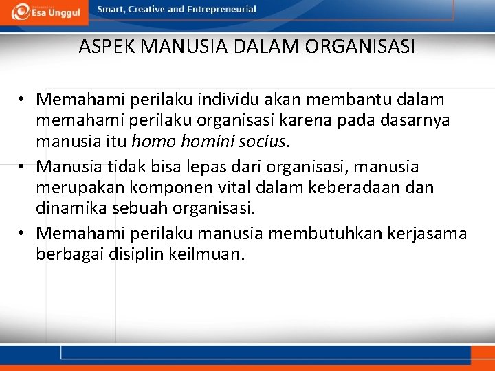 ASPEK MANUSIA DALAM ORGANISASI • Memahami perilaku individu akan membantu dalam memahami perilaku organisasi