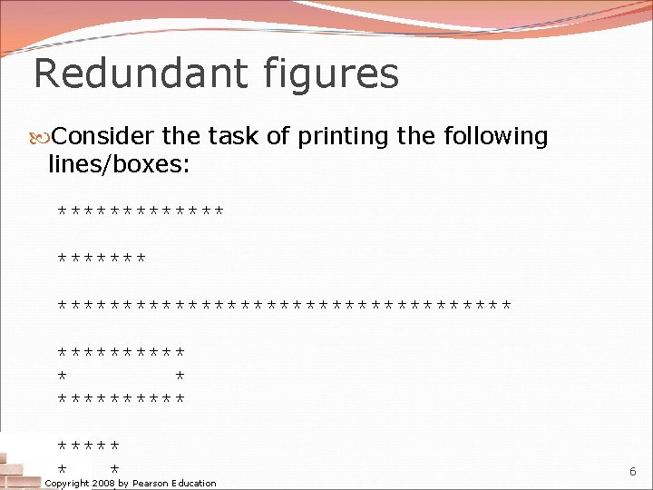 Redundant figures Consider the task of printing the following lines/boxes: ********************* ***** * *