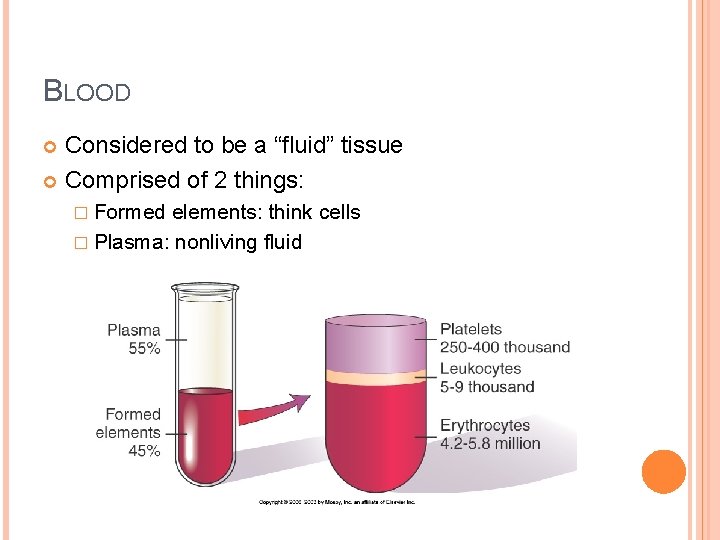 BLOOD Considered to be a “fluid” tissue Comprised of 2 things: � Formed elements: