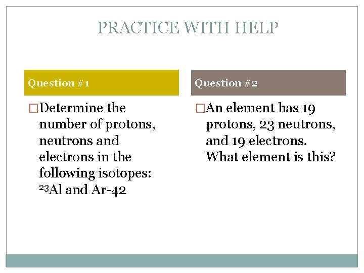 PRACTICE WITH HELP Question #1 Question #2 �Determine the �An element has 19 number