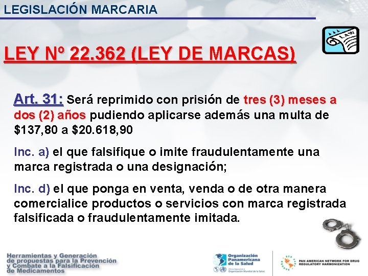 LEGISLACIÓN MARCARIA LEY Nº 22. 362 (LEY DE MARCAS) Art. 31: Será reprimido con