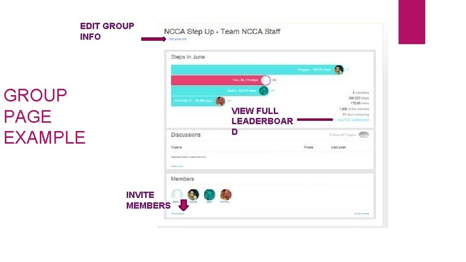 EDIT GROUP INFO GROUP PAGE EXAMPLE VIEW FULL LEADERBOAR D INVITE MEMBERS 