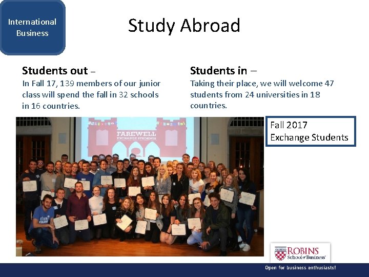 International Business Students out – Study Abroad In Fall 17, 139 members of our