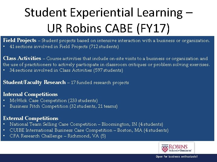 Student Experiential Learning – UR Robins CABE (FY 17) Field Projects – Student projects