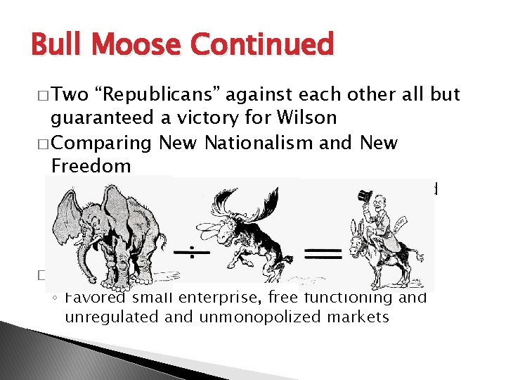 Bull Moose Continued � Two “Republicans” against each other all but guaranteed a victory