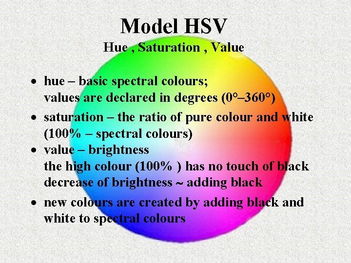 Model HSV Hue , Saturation , Value · hue – basic spectral colours; values