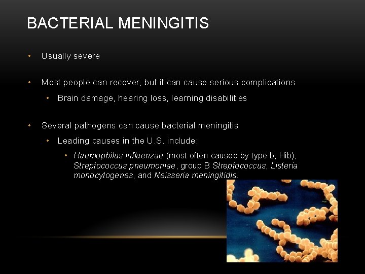 BACTERIAL MENINGITIS • Usually severe • Most people can recover, but it can cause