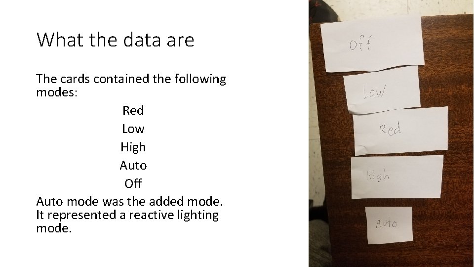 What the data are The cards contained the following modes: Red Low High Auto