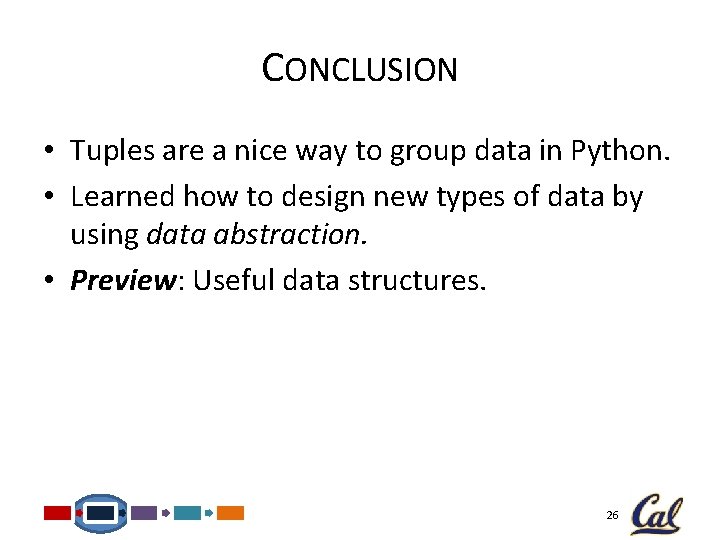 CONCLUSION • Tuples are a nice way to group data in Python. • Learned CONCLUSION • Tuples are a nice way to group data in Python. • Learned