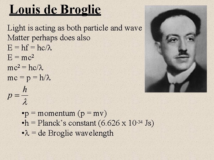 Louis de Broglie Light is acting as both particle and wave Matter perhaps does