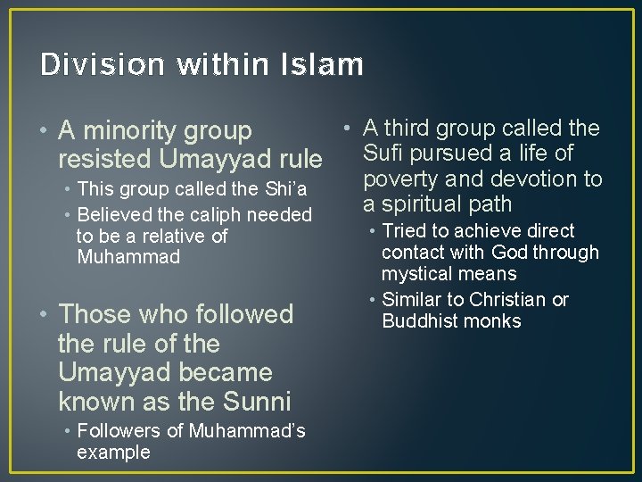 Division within Islam • A third group called the • A minority group resisted