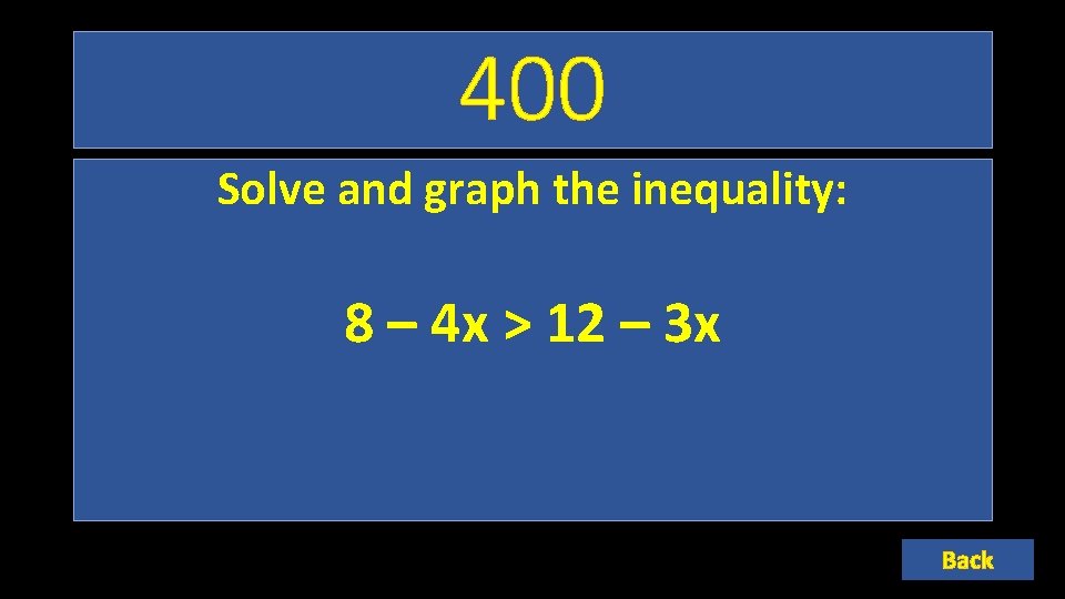 400 Solve and graph the inequality: 8 – 4 x > 12 – 3