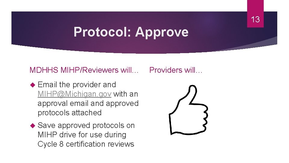 13 Protocol: Approve MDHHS MIHP/Reviewers will… Email the provider and MIHP@Michigan. gov with an