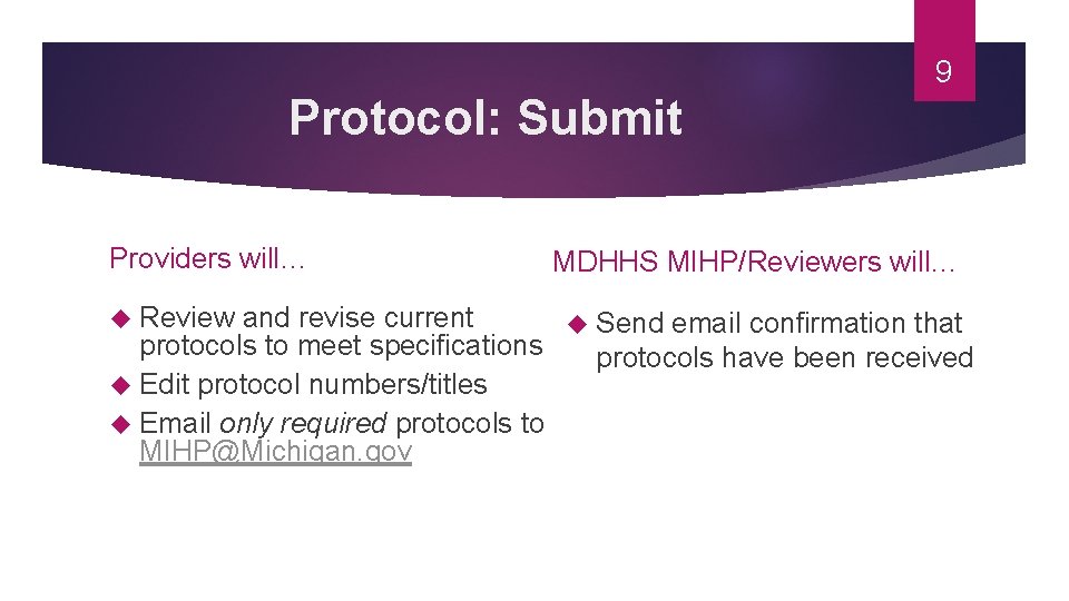 9 Protocol: Submit Providers will… Review MDHHS MIHP/Reviewers will… and revise current Send email