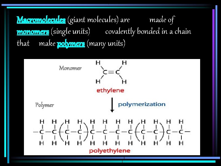 Macromolecules (giant molecules) are made of monomers (single units) covalently bonded in a chain