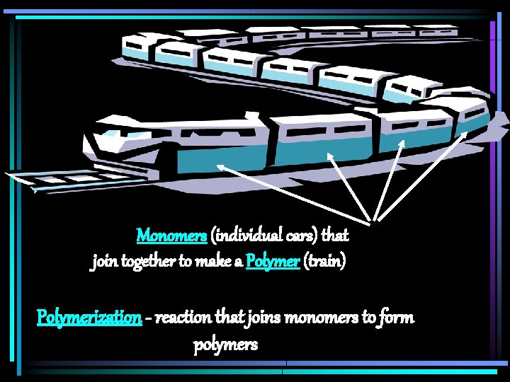 Monomers (individual cars) that join together to make a Polymer (train) Polymerization - reaction