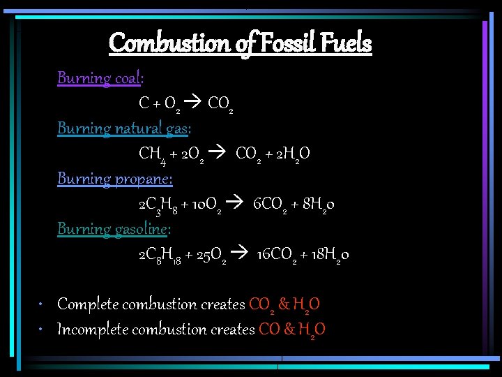 Combustion of Fossil Fuels Burning coal: C + O 2 CO 2 Burning natural