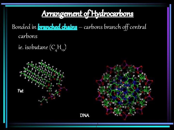 Arrangement of Hydrocarbons Bonded in branched chains – carbons branch off central carbons ie.