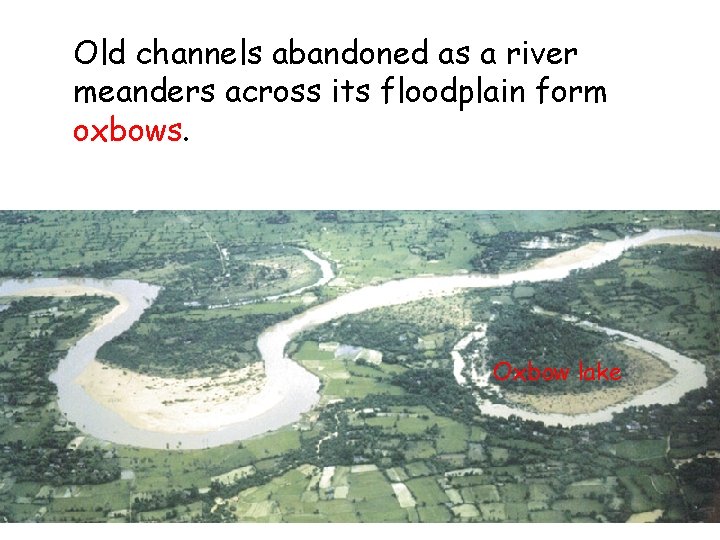 Old channels abandoned as a river meanders across its floodplain form oxbows. Oxbow lake