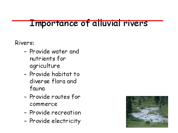 Importance of alluvial rivers Rivers: – Provide water and nutrients for agriculture – Provide