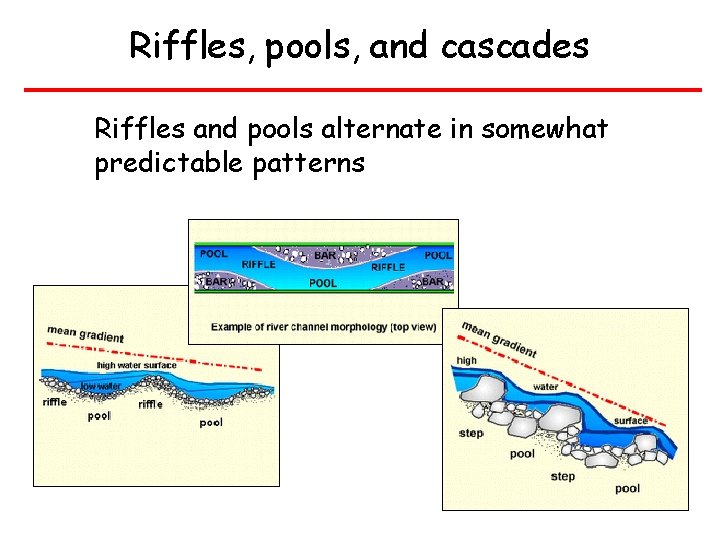 Riffles, pools, and cascades Riffles and pools alternate in somewhat predictable patterns 